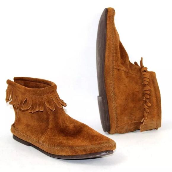 Minnetonka 282 Women's Brown Suede Fringe Ankle Boots Hard Sole Sz 7 Zip Closure - Picture 10 of 12